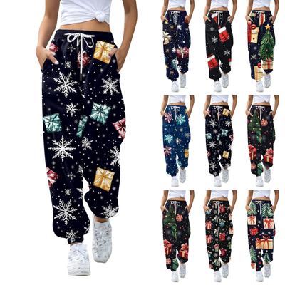 Calças de moletom femininas de cintura alta com estampa de Natal e bolsos com cordão