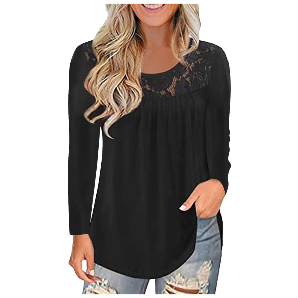 Women Fashion Lace Solid Splicing O-Neck Long Sleeve T-Shirt Blouse Tops