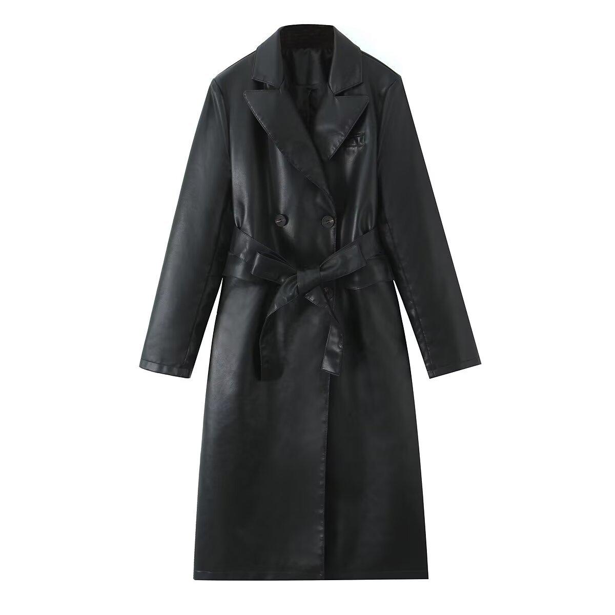 

2025 Ранняя осень Новый стиль Французский темперамент Искусственная кожа Длинный стиль Свободный крой с поясом Куртка-ветровка S