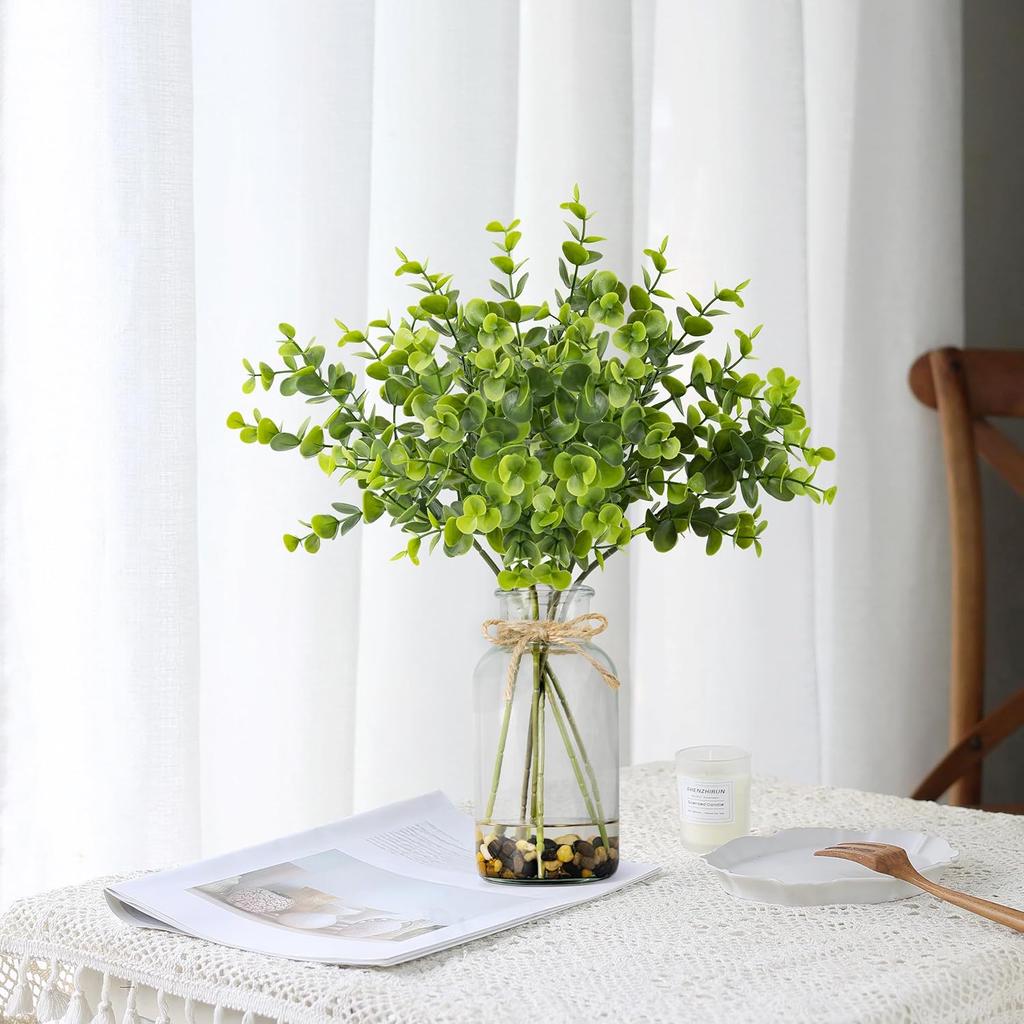 MACTING Artificial Eucalyptus Stems in Glass Vase with Faux Water Stones 14" Fake Sage Green Plants Eucalyptus Leaves for Table Centerpieces Bathroom