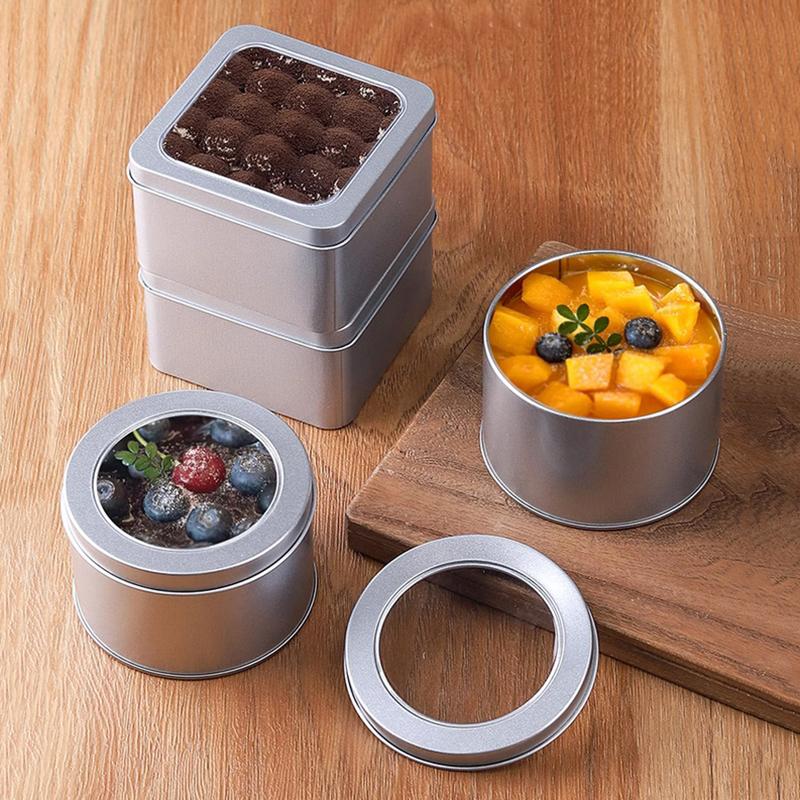 Round Square Tinplate Box Clear Window Iron Storage Box Tea Food Jar Candy Cake Boxes Jewelry Cream Cosmetic Container Empty Pot