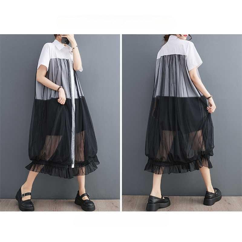 Ladies' Fashion Mesh Splicing Shirt Skirt Loose Casual Dress