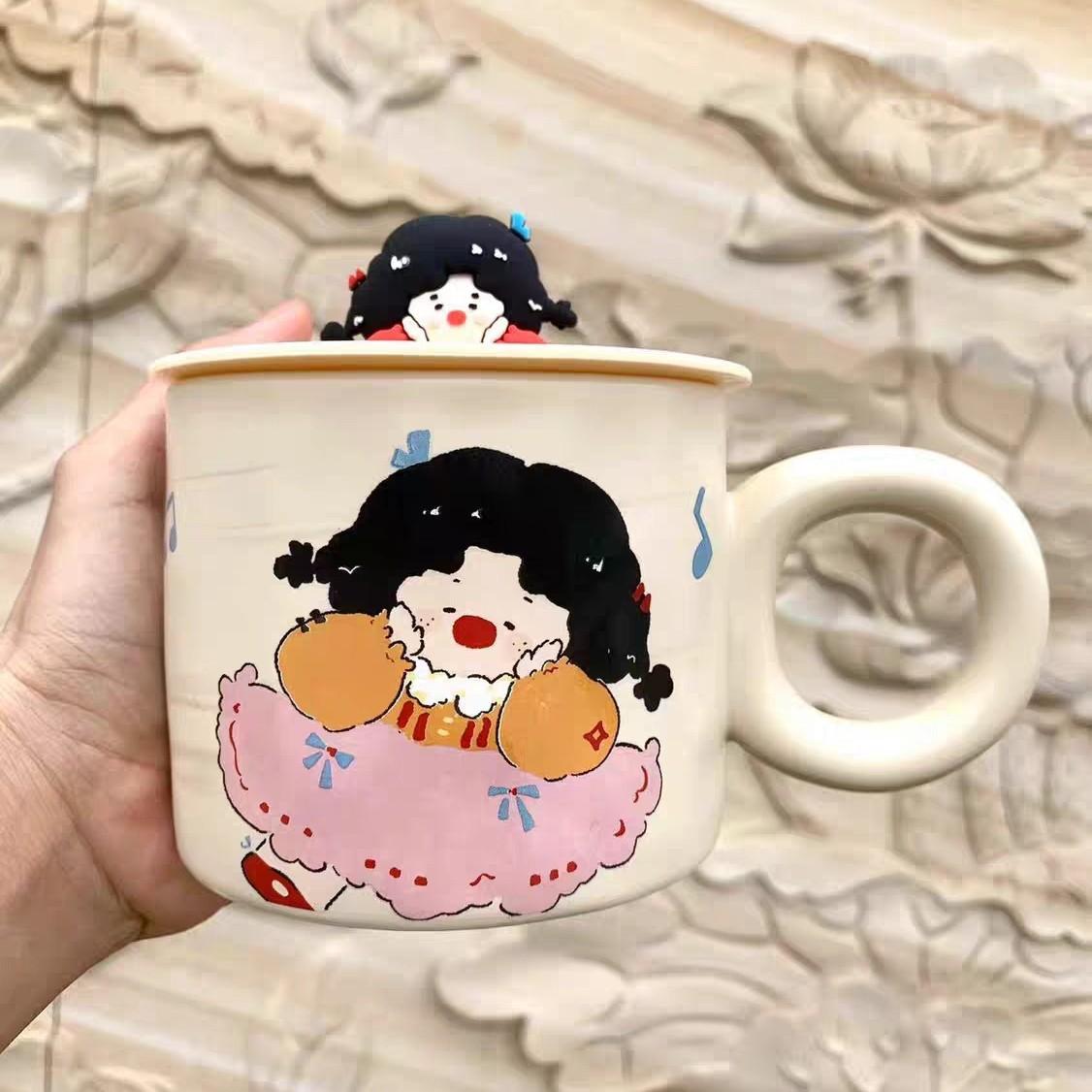 

Кружка Девушка-мечта Масляная живопись с крышкой Милая мультяшная чашка Высоко выглядящая чашка для молока Хуху Водяная чашка Чашка для молочного чая на завтрак 400ML