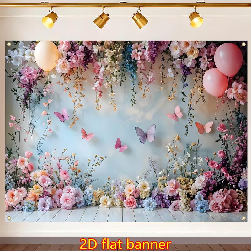 2D Printed Backdrop with Pastel Flowers, Butterflies, and Pink Balloons