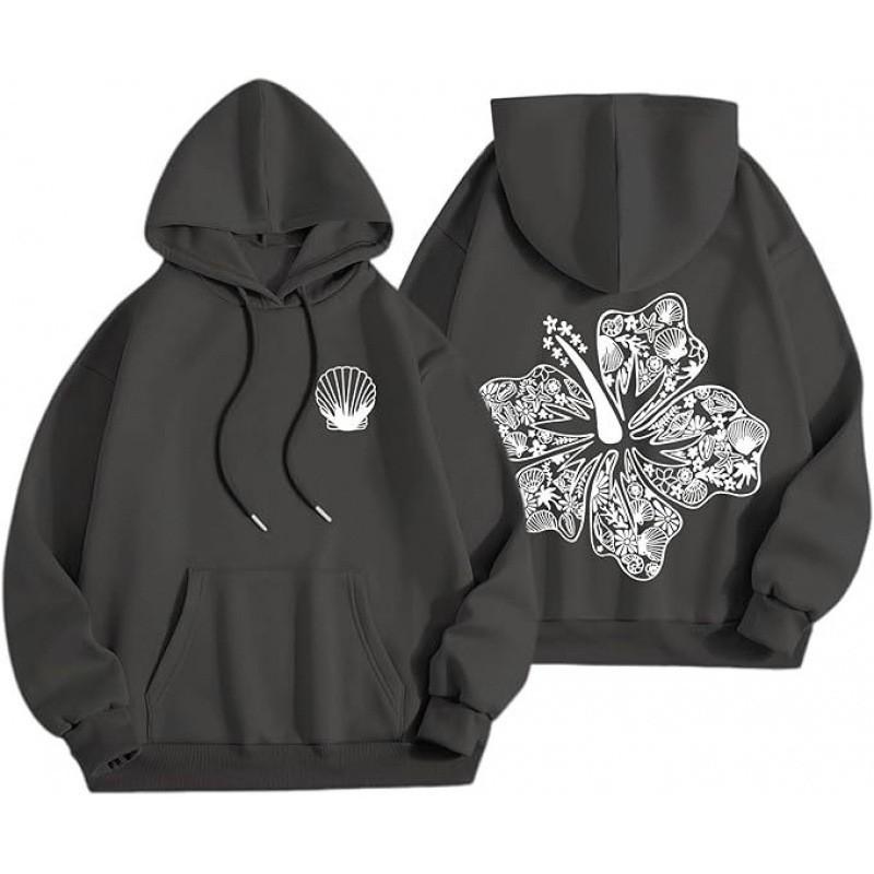 Oversized Gothic Hoodie Women With Floral Print Loose Fit Long Sleeve Pullover Sweatshirt In Black Gray Khaki Navy Pink Sky