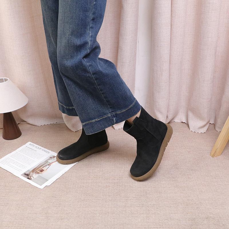 Johnature Versatile Solid Color Short Boots Retro Genuine Leather Round Toe Flat Women's Shoes