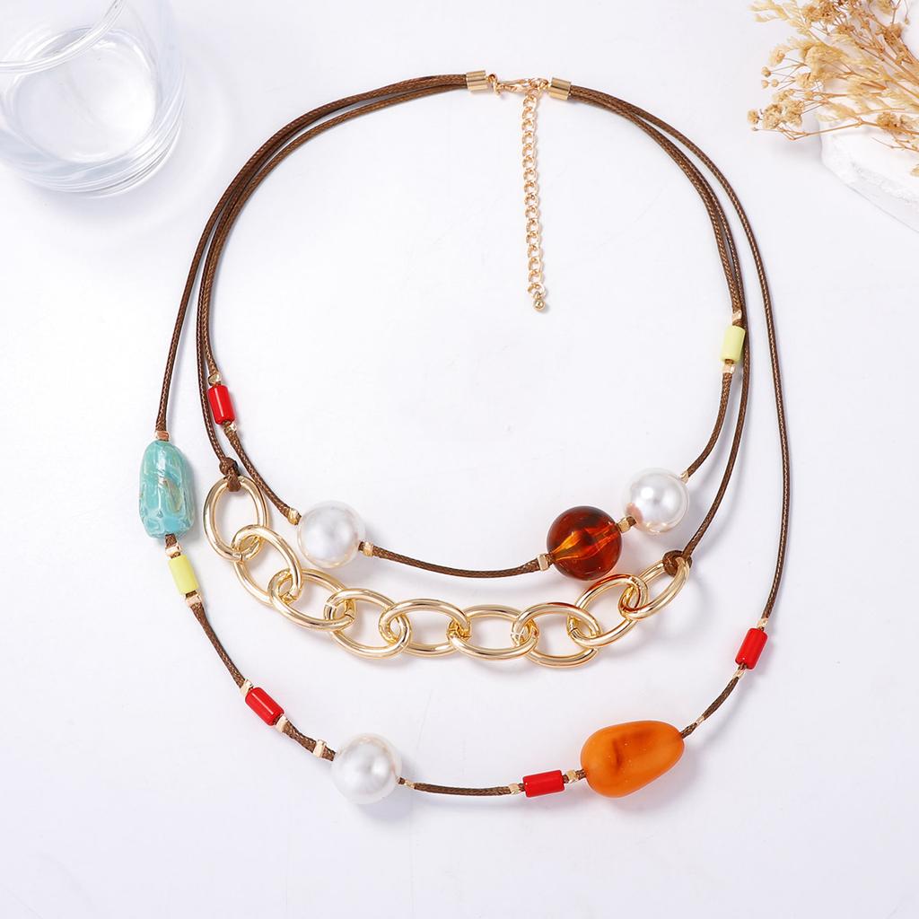 European and American Simple Fashion Trend Multi-layer Stacking String Geometric Pearl Resin CCB Leather Rope Multi-layer Stacking Necklace Women