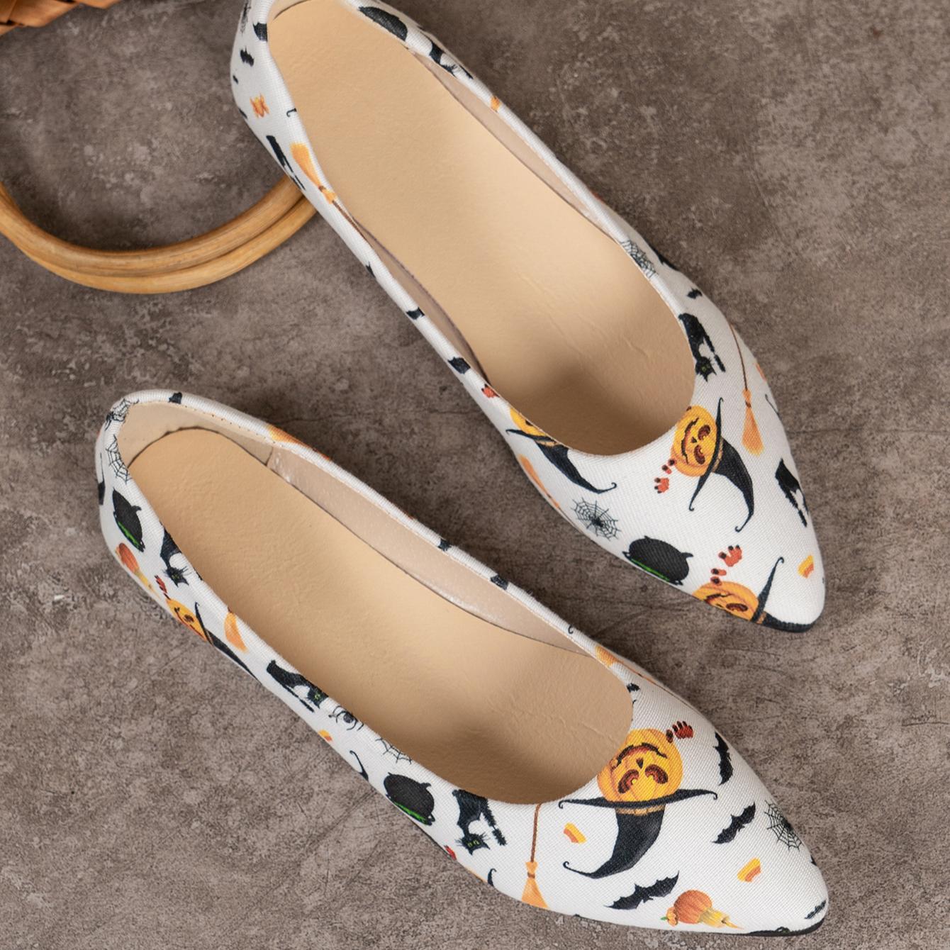 

Модные женские туфли на плоской подошве размера плюс 43, горячая распродажа, повседневные туфли на плоской подошве для женщин с принтом тыквы на Хэллоуин, с острым носком и мягкой подошвой для женщин 36 белый