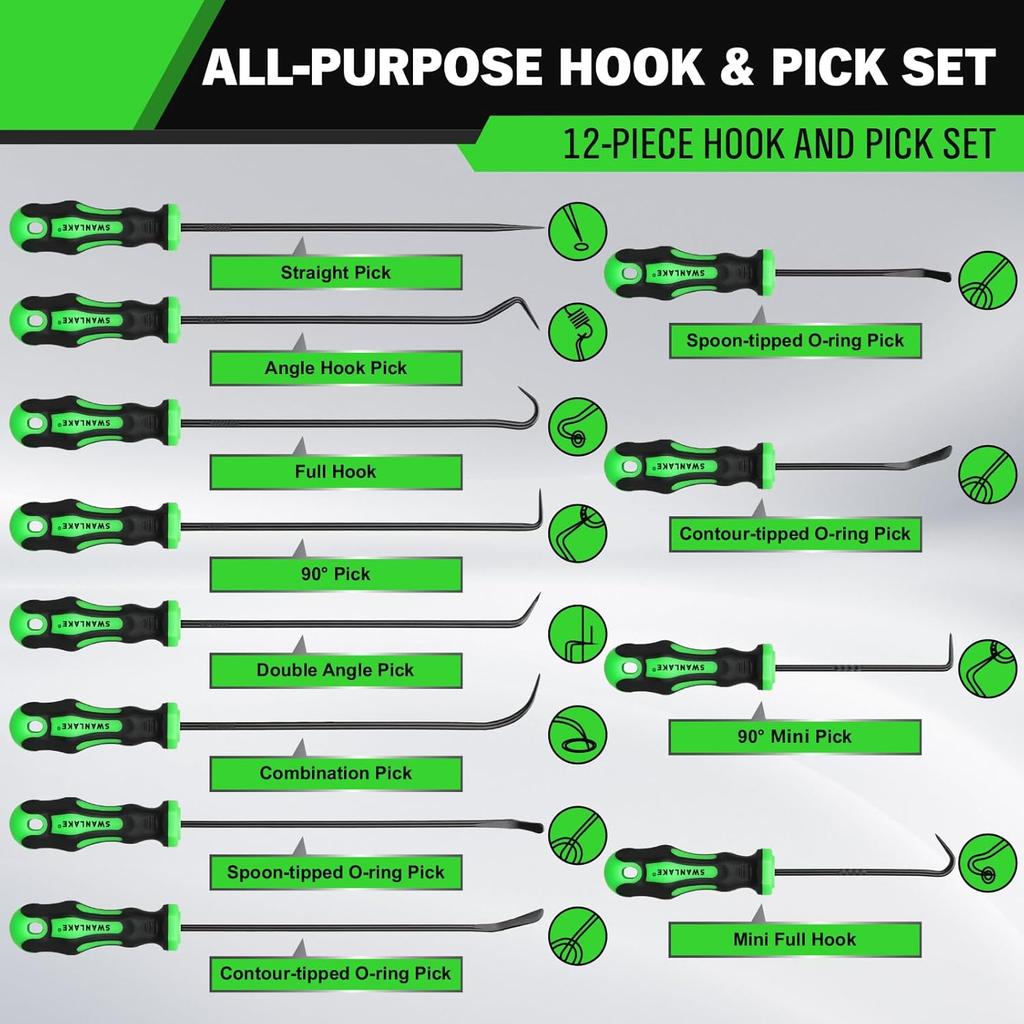 12-Piece Pick And Hook Tool Set, Automotive Mechanic Tools, Car Auto Oil Seal/O-Ring Seal Hook Kit, Lock Pick Set, Mini & Long Precision Hooks For