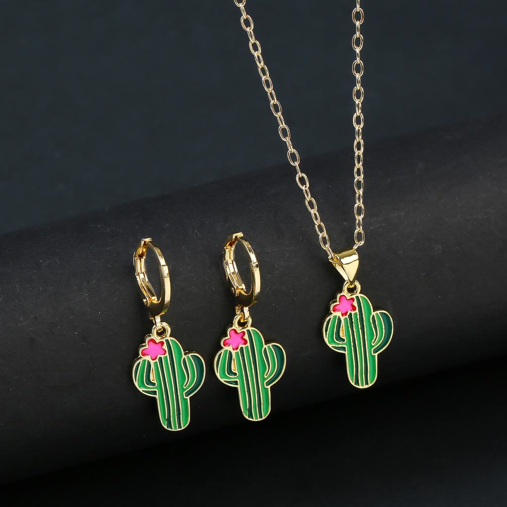 Fashion Venezuela Flag Cross Zircon Set Classic Cactus Flower Earrings Necklace Charming for Woman Daily Party Zircon Gift