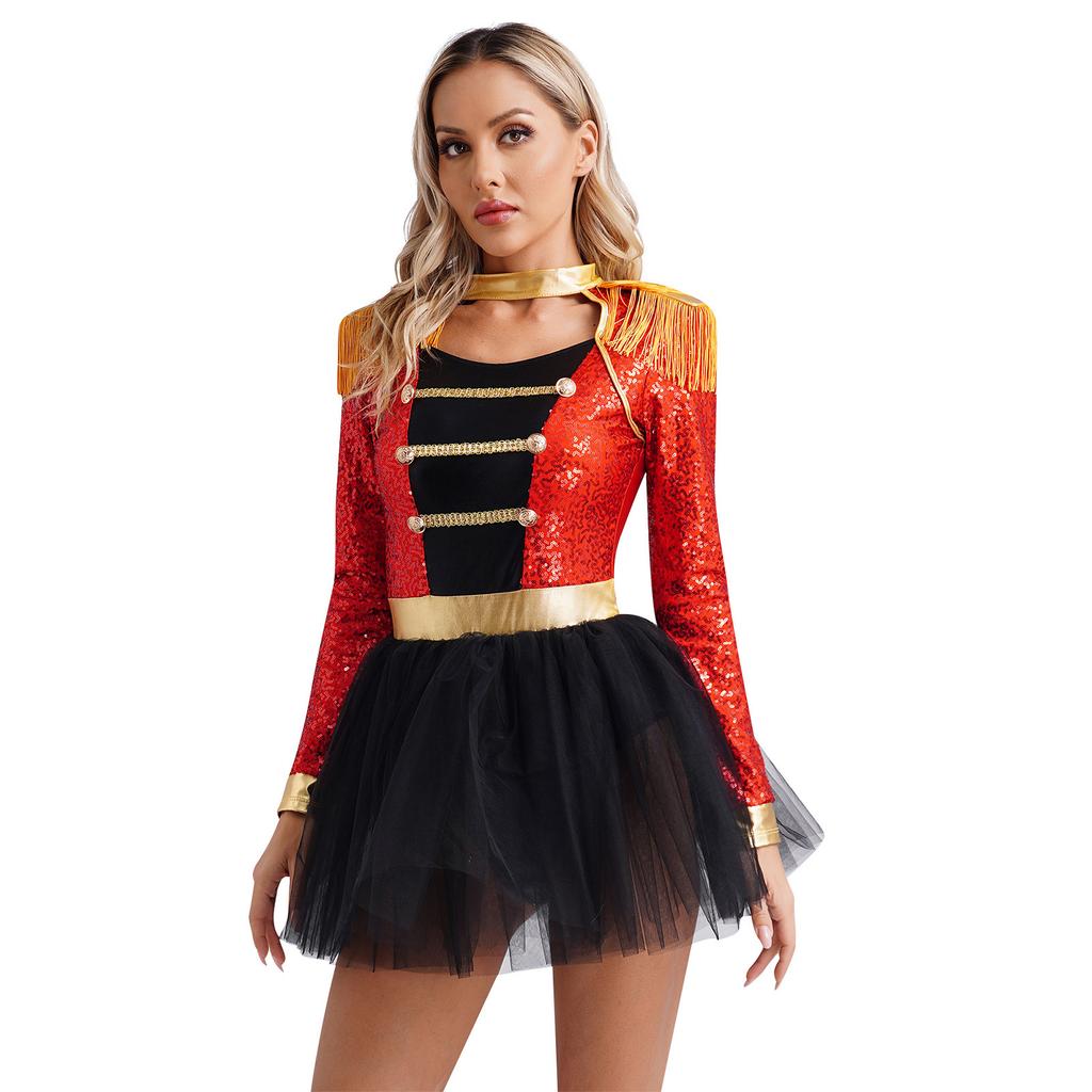 Womens Circus Ringmaster Tutu Dress Long Sleeve Tassel Shoulder Sequins Tulle Skirt Halloween Cosplay Costume