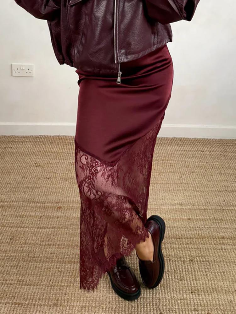 Women Satin Lace Long Skirt Elegant High Street Patchwork Sexy Loose Maxi Skirts Party Fashion Party Vestidos For Women
