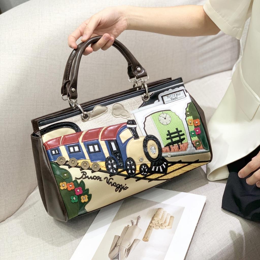 Tasche Damen Spleißkontrastfarbe Retro Handtasche Handgefertigt Kreativ Schulter Umhängetasche