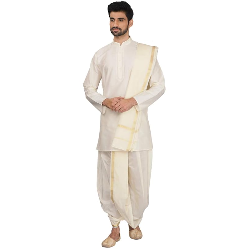 Manyavar Elegant Solid Plain Kurta and Dhoti Set For Men - (White, Large)