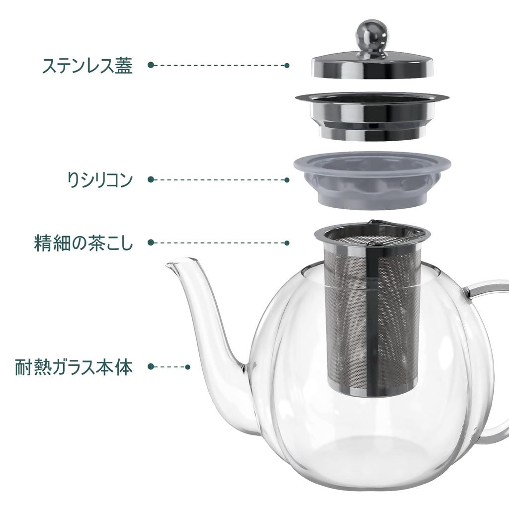 VKCHEF Teapot, Heat-Resistant Glass Kyusu (Kyusu), Transparent, 1000ml Large Capacity, Stainless Steel, with Tea Strainer, Suitable for Direct Heat,