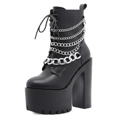 15cm Heels Winter High-heeled Waterproof Platform Popular Boots Medium Boots Chain Lace Up Locomotive Boots Lhx