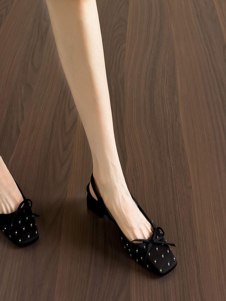 Bow black single shoes back strap bag head sandals women's 2025 new summer wear satin thick heels high heels