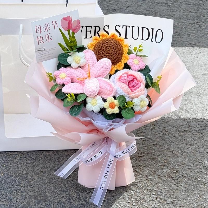 Finished Crocheted Flower Bouquet with Puppy Dog Doll Artifiacal Rose Flower  Knitting Sunflowers Valentine's Day New Year Gifts