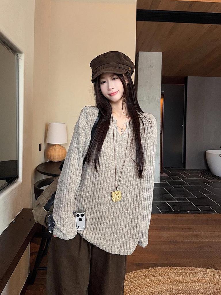 Women's Long-Sleeve Textured Brushed T-Shirt, New Spring/Autumn Korean Style, Loose Fit Versatile Base Layer Top