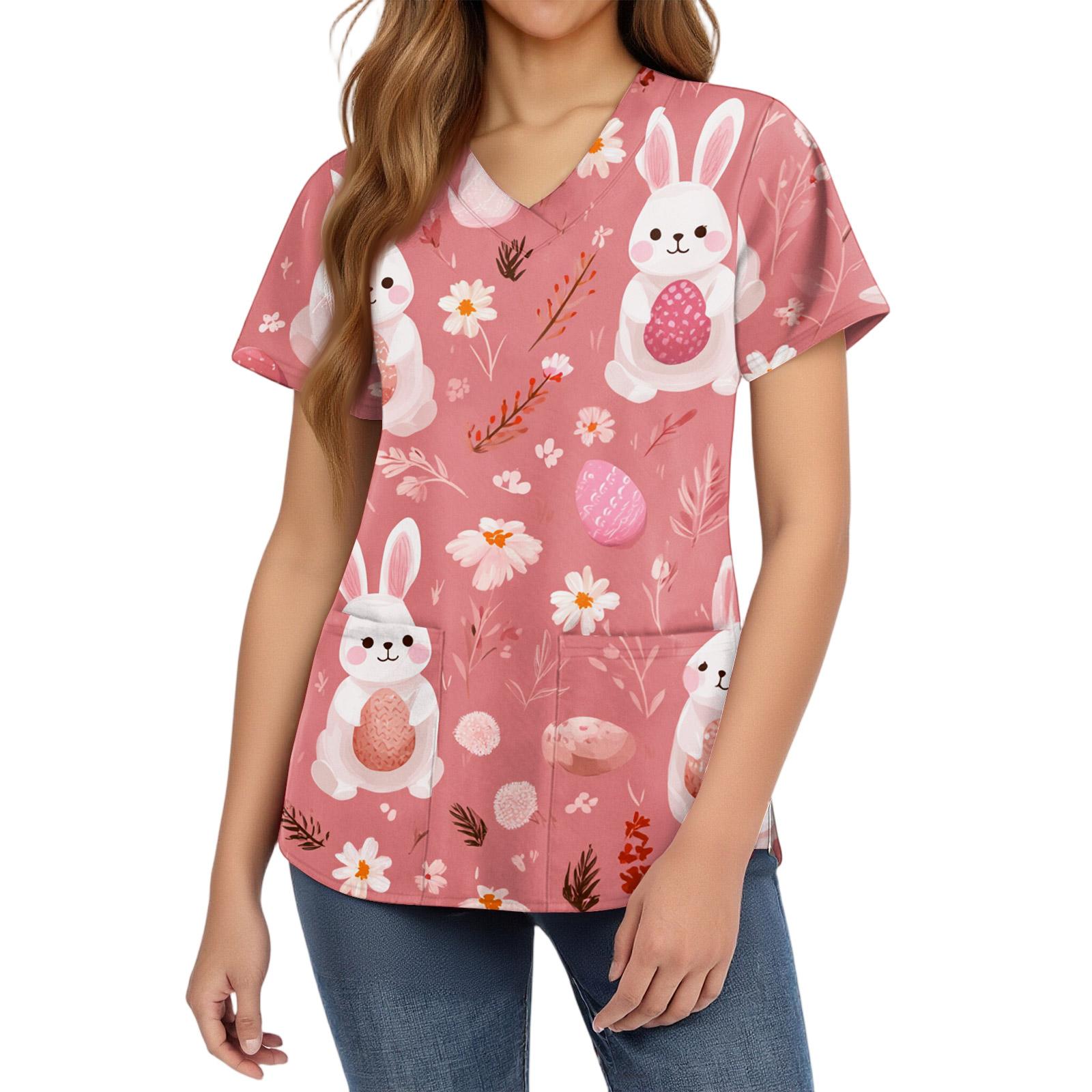 

Women s fashionable V-neck short-sleeved work uniform with pockets, Easter print top, caregiver uniform. XL рожевий