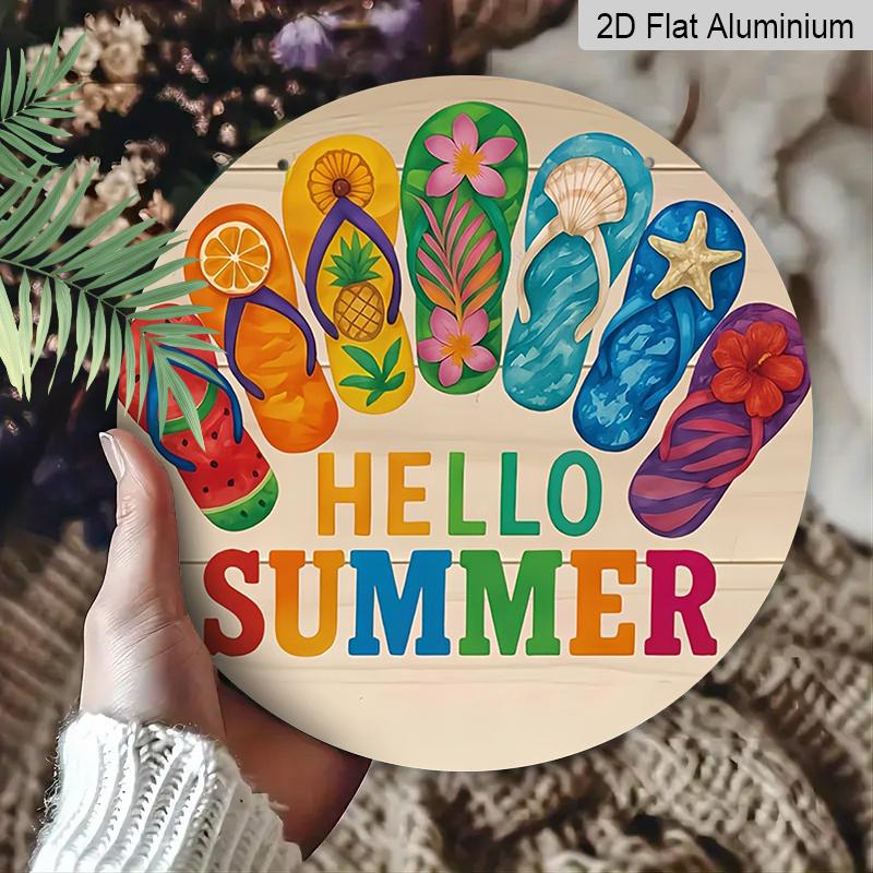 2D Flat, 1pc Aluminum Flip Flops Hello Summer Wall Sign - Retro Beach House Decor with Flip-Flop Design, Lightweight Suitable for Bedroom, Kitchen