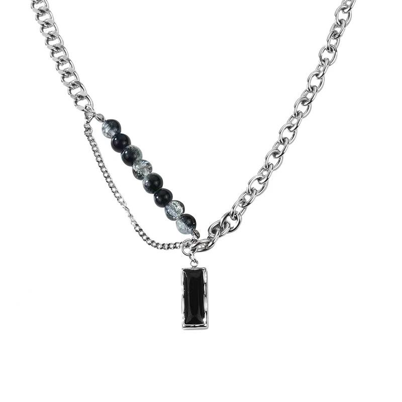 Men's High-End Black Gemstone Pendant Necklace - Trendy Original Design for Boys & Women