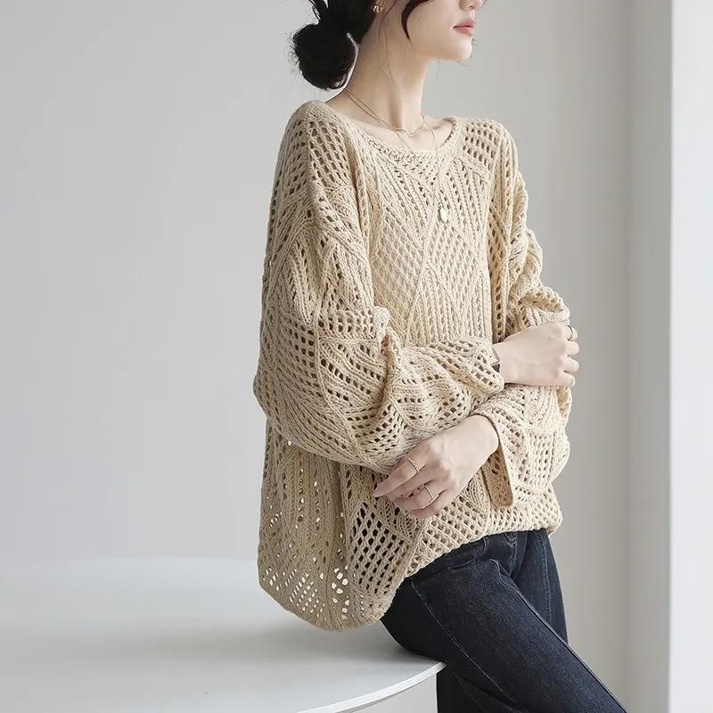 French Gentle Style Hollow Long-sleeved Sweater Women's Winter Lazy Style Loose Thick Sweater Trend