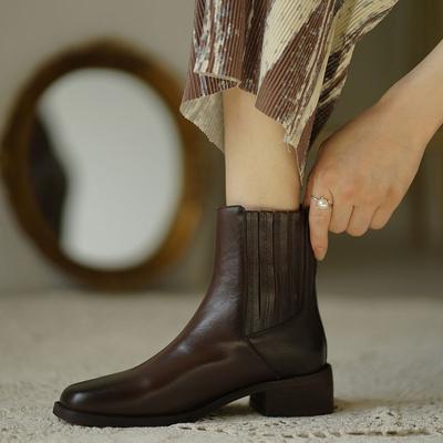 Nowe jesienne modne damskie buty na grubym obcasie Retro Slip-On Chelsea Boot Cow Leather Women Platform Boot Women Shoes Solid