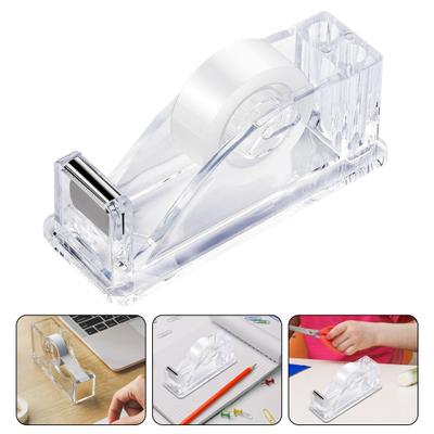 Acrylic Tape Dispenser with Pen Holder Transparent Compact Size Portable Office School Desktop Tape Cutter Holder