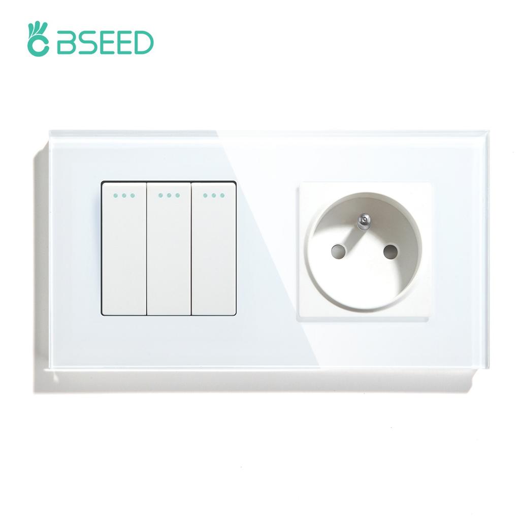 BSEED 1/2/3Gang Mechanical Wall Light Switch 1Way Plus French Socket USB Type-c Ports USB Power Sockets Glass Frame 16A