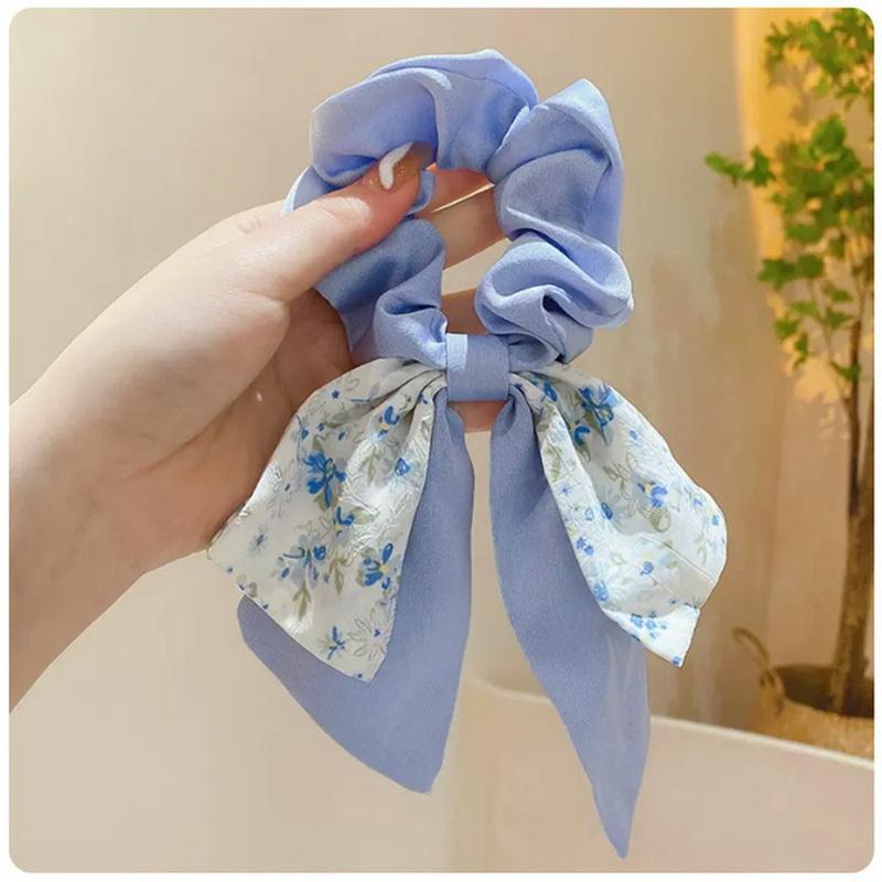 Korea Blumen Schleife Scrunchies für Frauen Satin Langes Band Pferdeschwanz Schal Mädchen Haargummis Druck Elastische Haarbänder Accessoires