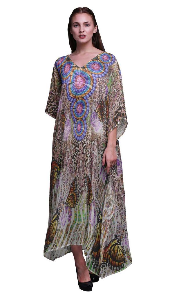 Phagun Butterflies & Leopard Animal Skin Beach Kaftan Bikini Cover Up Womena    S Maxi Dress Long