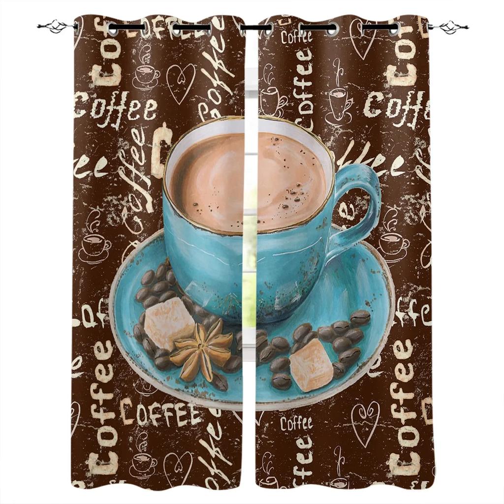 2panels Coffee Text Graffiti Black Background KitchenWindow Curtain for Living Room Bedroom Home Decor Kitchen for Window Drapes for daily use