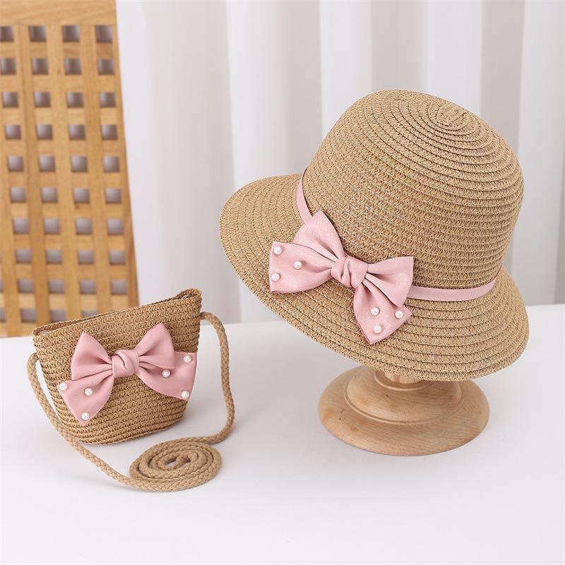 Kids Summer Wide Brim Floppy Straw Hat and Bag Set Beach Sun Visor Cap Cute Bow Baby Birthday Gift for Girls Fisherman Hats