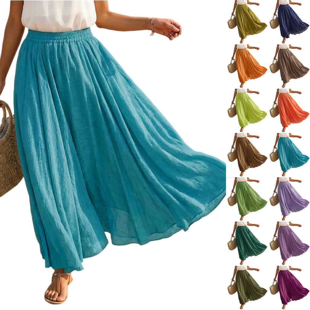 Women Casual Holiday Solid Cotton Linen Long Skirt A Line Beach Midi Skirt Elastic Waist Lightweight Flowing Design