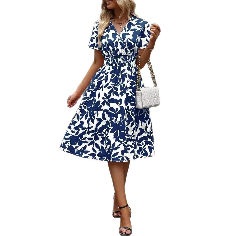 2026 spring and summer short-sleeved V-neck leaf print big swing skirt waist dress fairy skirt