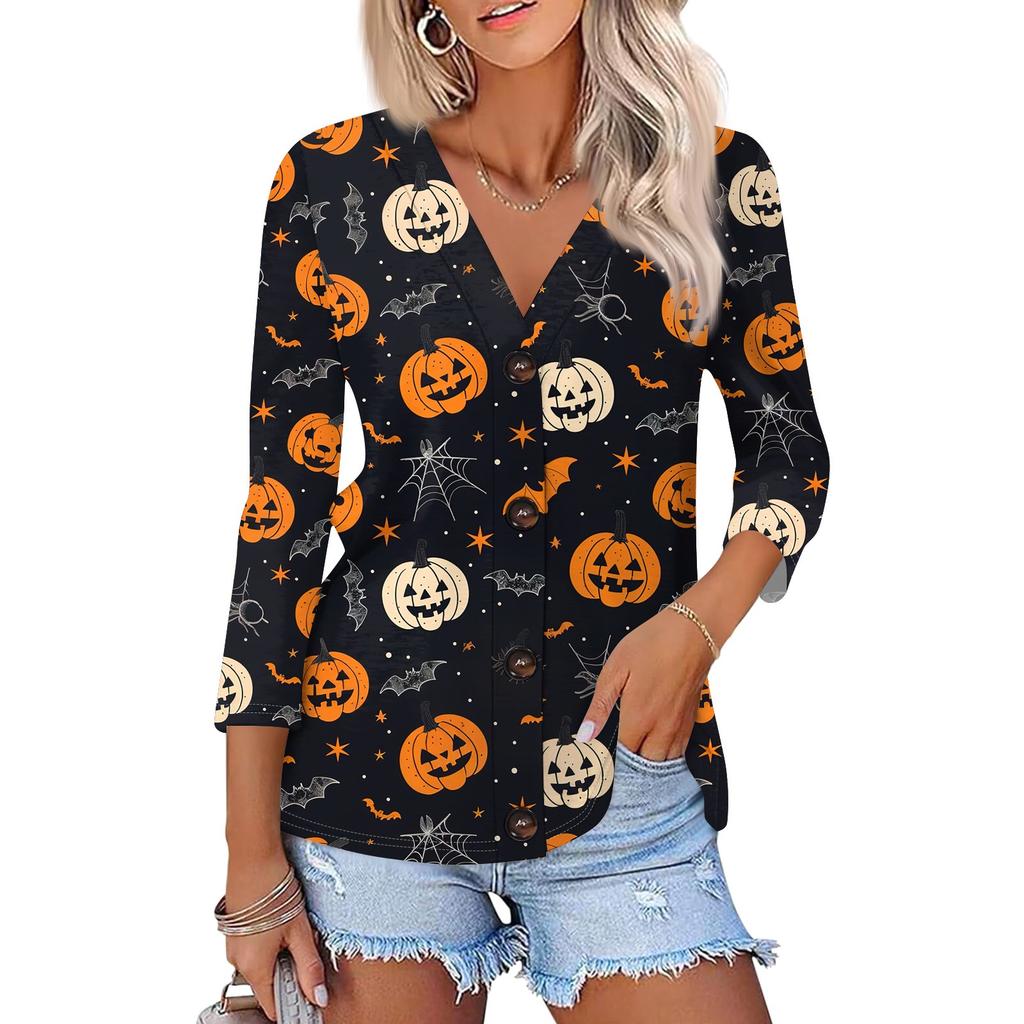 Women's Fashion Casual Print Button-down Shirt 3/4 Long Sleeve Tops