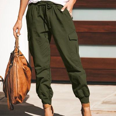 Coole elastische Cargohose für Mädchen und Frauen mit Bund, stilvolle Sommer-/Frühlingshose in Volltonfarbe mit Taschenfadensaum