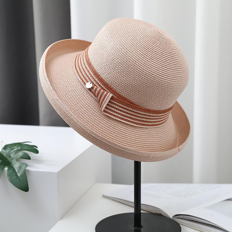 Sun Hat Women's Summer Crimped Straw Hat British Retro Black Sunscreen Hat Travel Foldable Sun Hat Tide