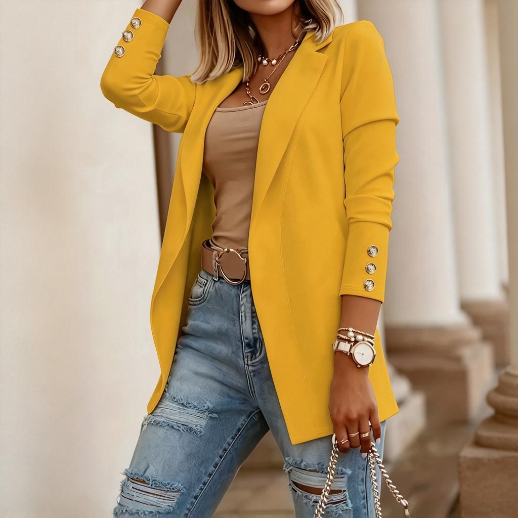 Women Open Front Blazer Long Sleeve Button Cuff Casual Office Lightweight Outerwear