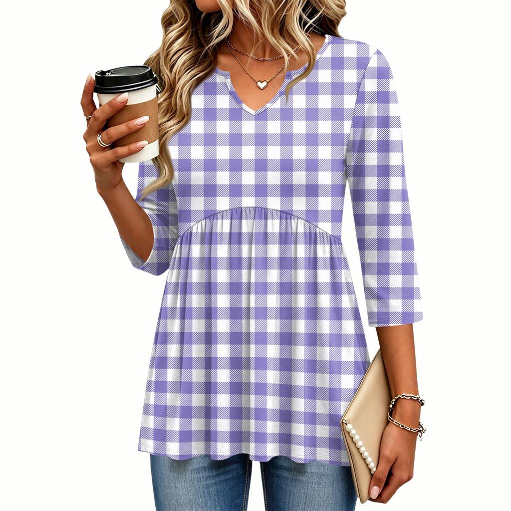 Women's Casual Floral Print V-Neck Three-Quarter Sleeve Blouse for Spring and Summer