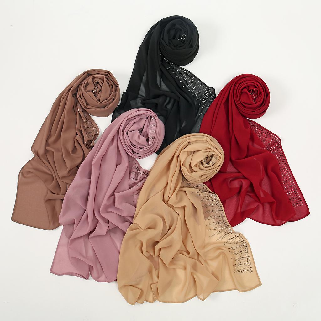 New Rhinestone Chiffon Hijab Scarf For Women Muslim Hijab Plain Long Shawl Fashion Soft Headband Islam Turban Muffler Scarves