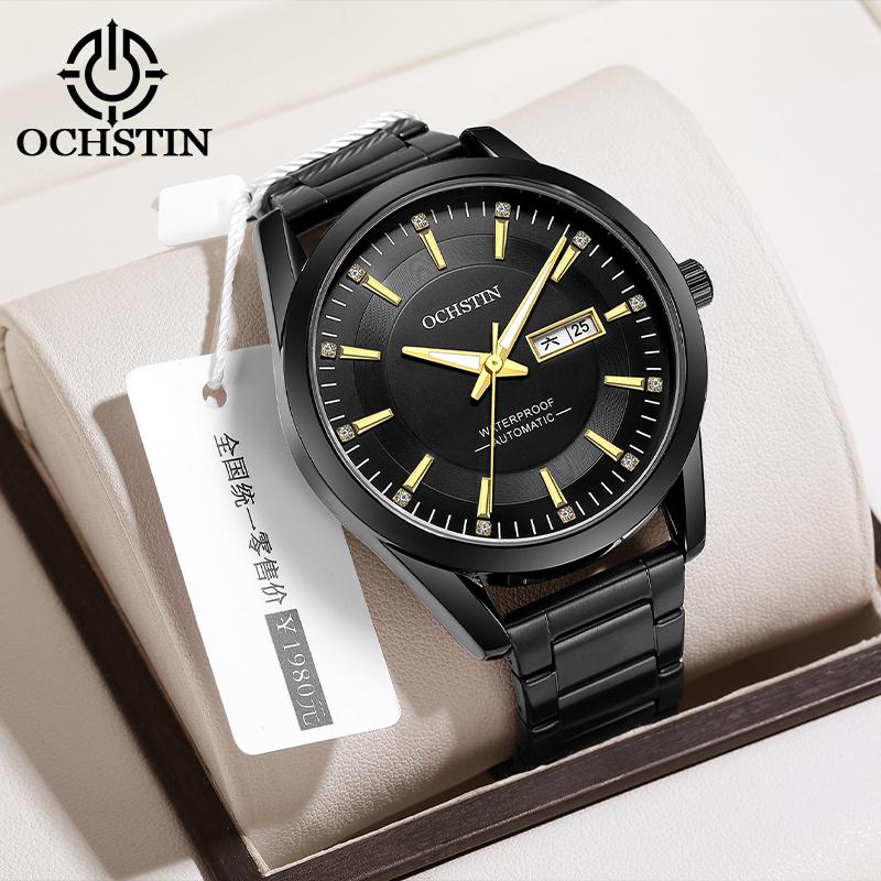 OCHSTIN Men Watch Self-Wind Mechanical Date Day Calendar Luminous Dial Transparent Back Stainless Steel Band Male Business Dress
