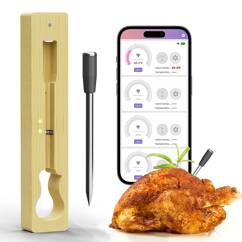 Smart Wireless Meat Thermometer with Ultra-Thin Probe,Bluetooth Food Thermometer,Digital Food Thermometer for Remote Monitoring of BBQ Grill, Oven,
