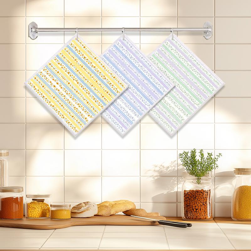 

6PCS Cleaning Dishcloths Reusable Kitchen Dish Towels Striped Floral Pattern Dishcloth Absorbent Lint Free Cloth Washable Duster Rags Tea Towels J128A-3 PCS