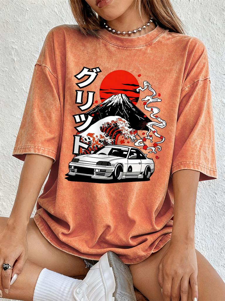 Nippon Jdm Car Grid Cotton Washed TShirts Women Summer Oversized T Shirt ONeck Comfortable Distressed Tops Basic Women Clothes