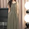 French Style Black Pleated Drape Maxi Dress with Tie-Up Waist for Women - Spring/Summer Collection