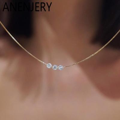 ANENJERY Drei Zirkonia Dünne Halskette für Damen Einfache Schlüsselbein Kette Zarte Elegante Schmuck Geschenke Hochzeit