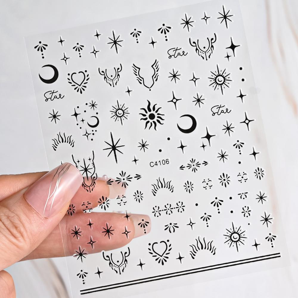 Black White Star 3D Nail Art Sticker Y2K Pentagram Self-Adhesive Decals Laser Shiny Glitters Starlight Manicure Ornaments Slider