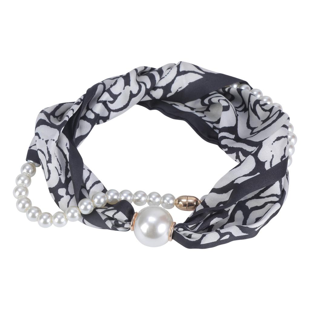 Magnetic Clasp Pearls Chain Necklace Floral Satins Scarf Elegant Silk Skinny Narrow Neckerchief for Fashionable Women